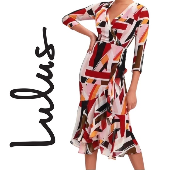 Lulus Shape It Up Burgundy Multi Print Midi Dress - Picture 2 of 16